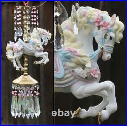 Porcelain Pony Horse Carousel Lamp swag Chandelier Vintage Crystal Pink Rose