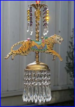 Porcelain Tiger Carousel Lamp SWAG Chandelier Vintage Amethyst Beads Crystal