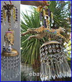 Porcelain Tiger Carousel Lamp SWAG Chandelier Vintage Amethyst Beads Crystal