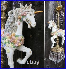 Porcelain Violet UNICORN Horse Carousel swag Lamp brass Chandelier Vintage roses