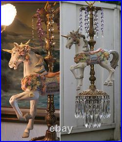 Porcelain Violet UNICORN Horse Carousel swag Lamp brass Chandelier Vintage roses