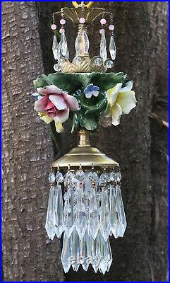 Porcelain pink lemon ROSE Chandelier SWAG lamp Capodimonte Brass Vintage crystal