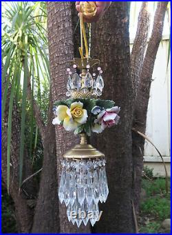 Porcelain pink lemon ROSE Chandelier SWAG lamp Capodimonte Brass Vintage crystal