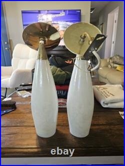 Pr of Vintage MCM Iridescent Opaline Cased Glass Pendant Lights Project Pieces