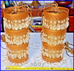 Qty 2 Vintage MCM Hollywood Regency Ornate Hanging Swag Pendant Light Gold Resin