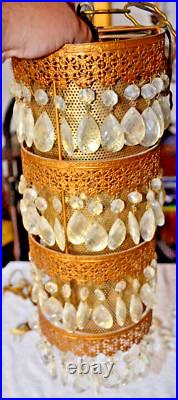 Qty 2 Vintage MCM Hollywood Regency Ornate Hanging Swag Pendant Light Gold Resin