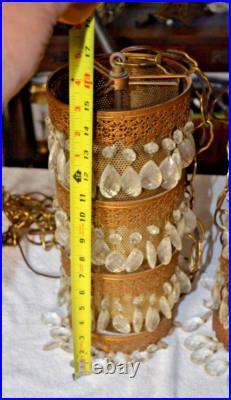 Qty 2 Vintage MCM Hollywood Regency Ornate Hanging Swag Pendant Light Gold Resin