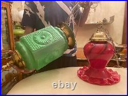 RARE 2 Antique Red and Green Electric Hanging Lamps Ceiling Fixtures