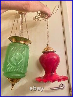 RARE 2 Antique Red and Green Electric Hanging Lamps Ceiling Fixtures