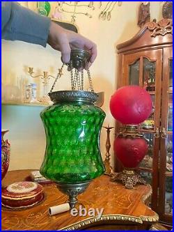 RARE Antique BEAUTIFUL Green Glass Ampel Hanging Chain Lamp Pendant
