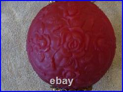 RARE Fabulous Red Satin Glass Swag Light Lamp Roses Vintage 1970s Works Tested