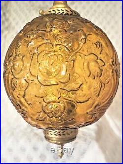 RARE Vintage Amber Glass Globe Hanging Chain Swag Lamp Light Floral Design