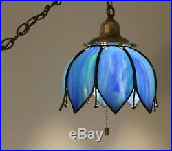 RARE! Vintage Blue Slag Glass Tulip Hanging Swag Lamp Light Chandelier Ceiling