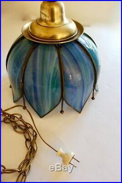 RARE! Vintage Blue Slag Glass Tulip Hanging Swag Lamp Light Chandelier Ceiling