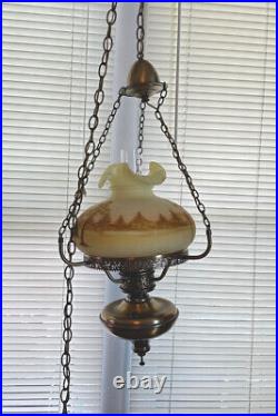 RARE Vintage MCM Fenton Handpainted Hanging Swag Lamp Brass J. Brown Works