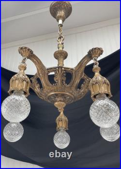 RESTORED Antique Vtg Art Deco Chandelier Ornate Hollywood Regency 5 Arm Gold
