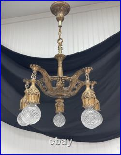 RESTORED Antique Vtg Art Deco Chandelier Ornate Hollywood Regency 5 Arm Gold