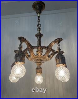 RESTORED Antique Vtg Art Deco Chandelier Ornate Hollywood Regency 5 Arm Gold