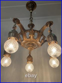 RESTORED Antique Vtg Art Deco Chandelier Ornate Hollywood Regency 5 Arm Gold