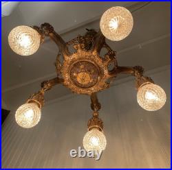 RESTORED Antique Vtg Art Deco Chandelier Ornate Hollywood Regency 5 Arm Gold