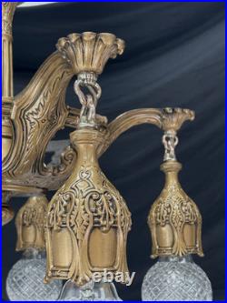 RESTORED Antique Vtg Art Deco Chandelier Ornate Hollywood Regency 5 Arm Gold