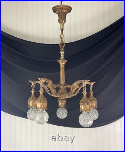 RESTORED Antique Vtg Art Deco Chandelier Ornate Hollywood Regency 5 Arm Gold