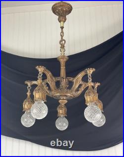 RESTORED Antique Vtg Art Deco Chandelier Ornate Hollywood Regency 5 Arm Gold