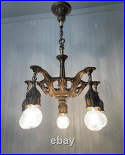RESTORED Antique Vtg Art Deco Chandelier Ornate Hollywood Regency 5 Arm Gold