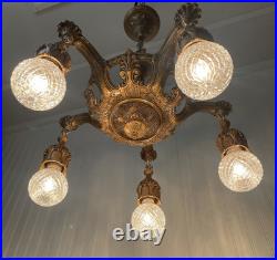 RESTORED Antique Vtg Art Deco Chandelier Ornate Hollywood Regency 5 Arm Gold