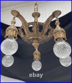 RESTORED Antique Vtg Art Deco Chandelier Ornate Hollywood Regency 5 Arm Gold