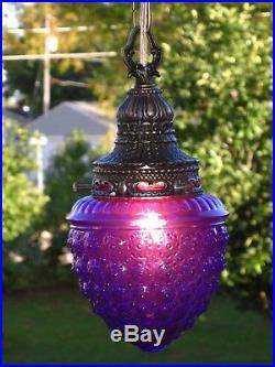 RESTORED Vintage PURPLE Glass Shades & Antique Brass Hanging Swag Lamp Lights
