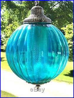 RESTORED Vintage Turquoise Blue Ball Glass Shade & Cast Nickel Hanging Swag Lamp