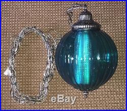 RESTORED Vintage Turquoise Blue Ball Glass Shade & Cast Nickel Hanging Swag Lamp