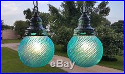RESTORED Vintage Turquoise Blue Glass Shades & Nickel Hanging Swag Lamp Lights