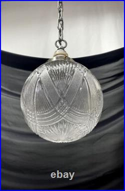 REWIRED Antique Vtg Art Deco Pendant Light Lamp Ribbed Cut Glass Ball Mid Mod