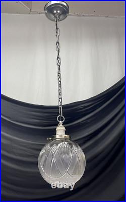 REWIRED Antique Vtg Art Deco Pendant Light Lamp Ribbed Cut Glass Ball Mid Mod