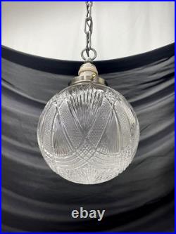 REWIRED Antique Vtg Art Deco Pendant Light Lamp Ribbed Cut Glass Ball Mid Mod