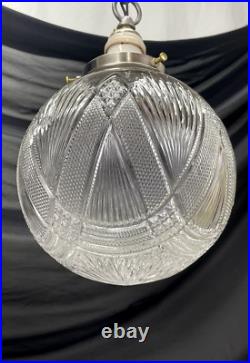REWIRED Antique Vtg Art Deco Pendant Light Lamp Ribbed Cut Glass Ball Mid Mod