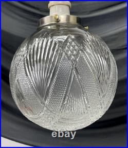 REWIRED Antique Vtg Art Deco Pendant Light Lamp Ribbed Cut Glass Ball Mid Mod