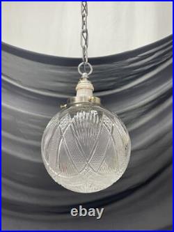 REWIRED Antique Vtg Art Deco Pendant Light Lamp Ribbed Cut Glass Ball Mid Mod