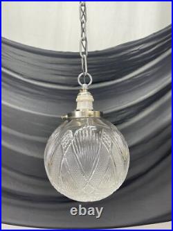REWIRED Antique Vtg Art Deco Pendant Light Lamp Ribbed Cut Glass Ball Mid Mod