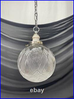 REWIRED Antique Vtg Art Deco Ribbed Cut Glass Ball Pendant Light Industrial Lamp