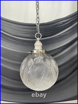 REWIRED Antique Vtg Art Deco Ribbed Cut Glass Ball Pendant Light Industrial Lamp