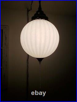REWIRED Vintage White Iridescent Ribbed Swag Light Mid Century Hanging Lamp