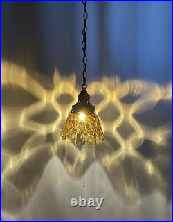 REWIRED Vtg MCM Retro Boho Amber Glass Hanging Pendant Swag Light Lamp 60s 1970s
