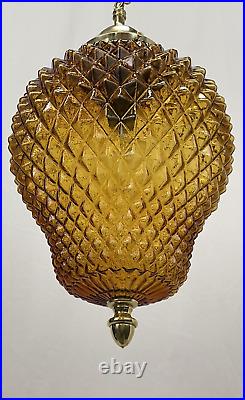 REWIRED Vtg MCM Retro Boho Amber Glass Hanging Pendant Swag Light Lamp 60s 1970s