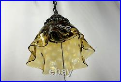 REWIRED Vtg MCM Retro Boho Amber Glass Hanging Pendant Swag Light Lamp 60s 1970s