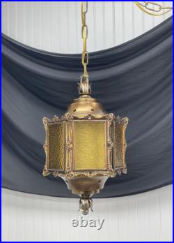 REWIRED Vtg Pendant Swag Hall Light 1950s 1960s 1970s Amber Gold Glass Lantern
