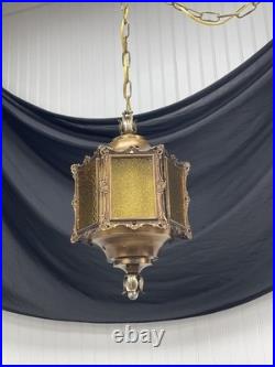REWIRED Vtg Pendant Swag Hall Light 1950s 1960s 1970s Amber Gold Glass Lantern