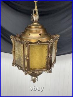 REWIRED Vtg Pendant Swag Hall Light 1950s 1960s 1970s Amber Gold Glass Lantern